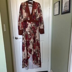 Floral Surplice long  Dress with Rust Trim